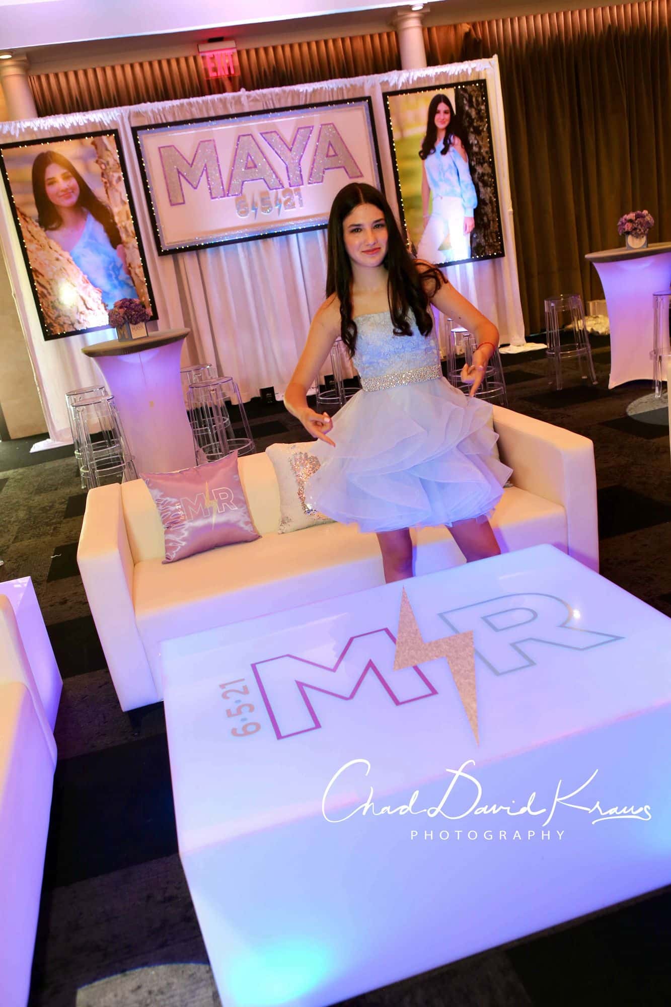 Wonderful Custom LED Lounge Furniture with Custom Backdrop and Blow Up Pictures for Indoor Bat Mitzvah