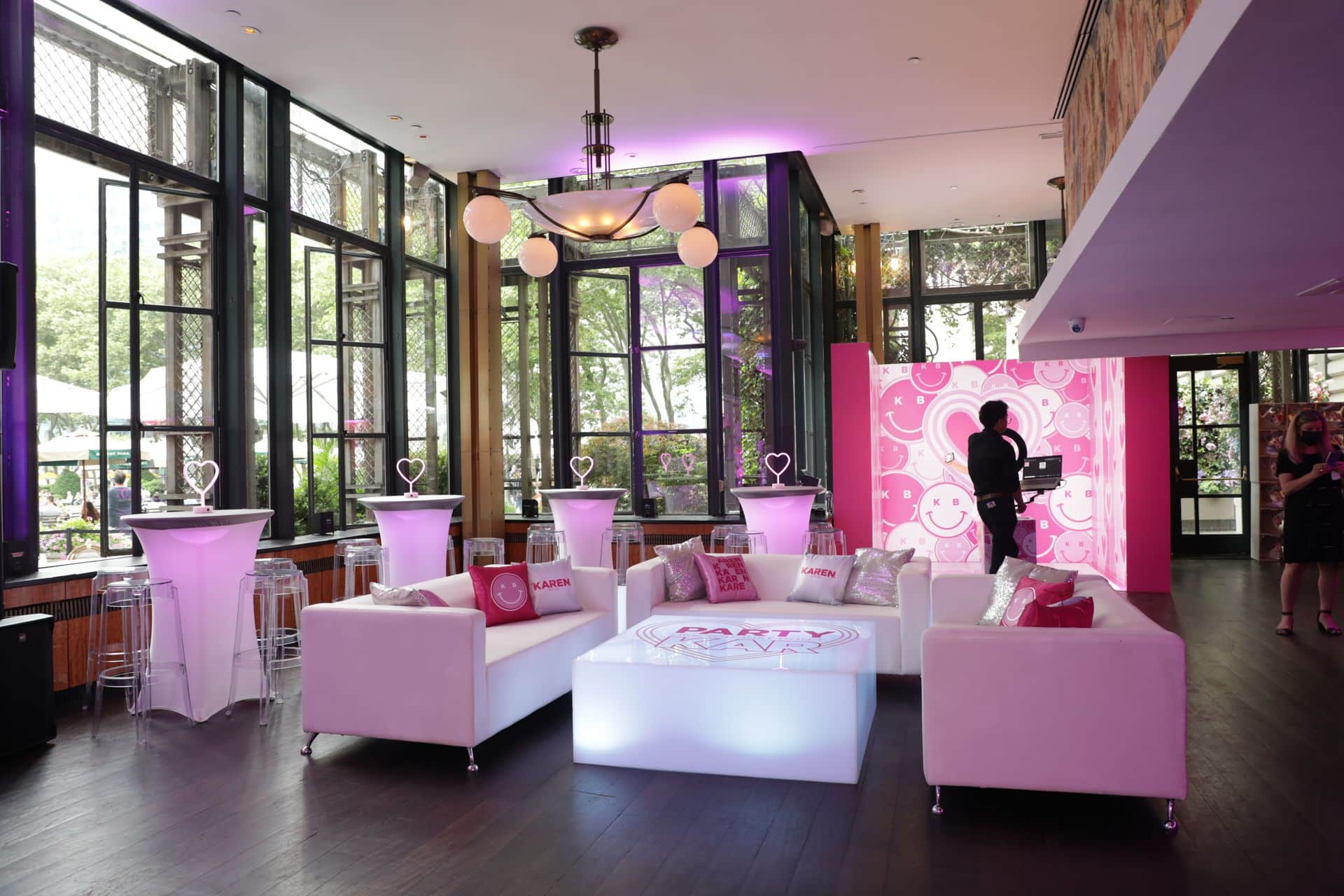 Bat Mitzvah Lounge with Logo LED Tables, Custom Pillows and LED Hightops at Bryant Park Grill