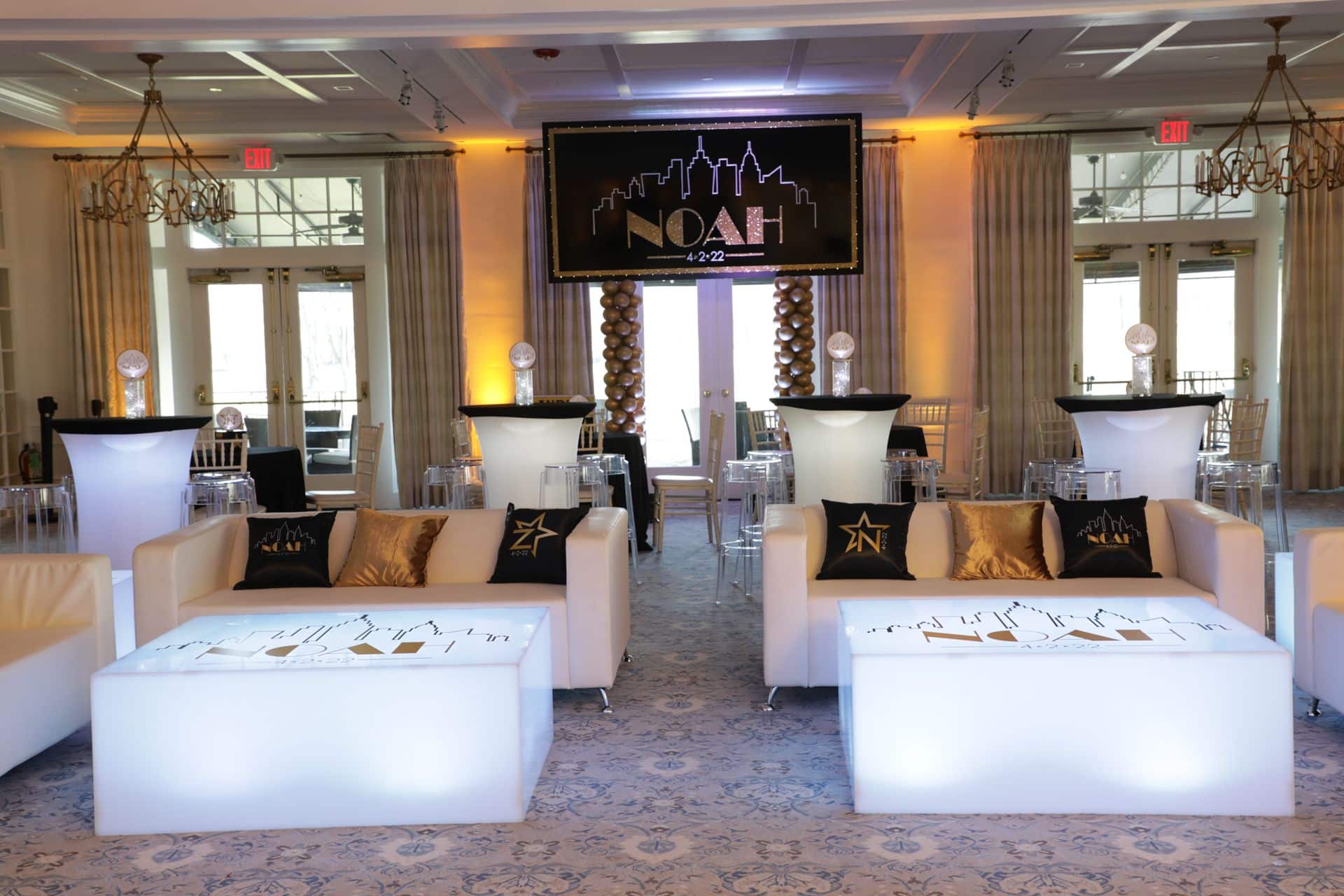 Broadway Themed Bar Mitzvah Lounge with Custom Backdrop and Gold Lighting at Preakness Hills Country Club
