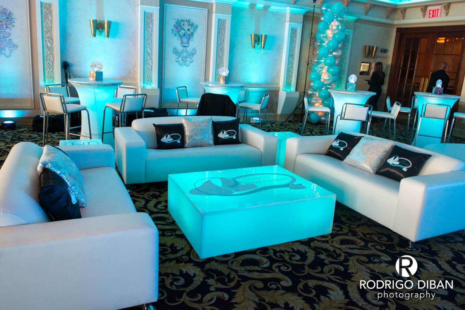 Bat Mitzvah Lounge Setup with LED Furniture, Custom Decals and Logo Pillows at Marina Del Ray Caterers