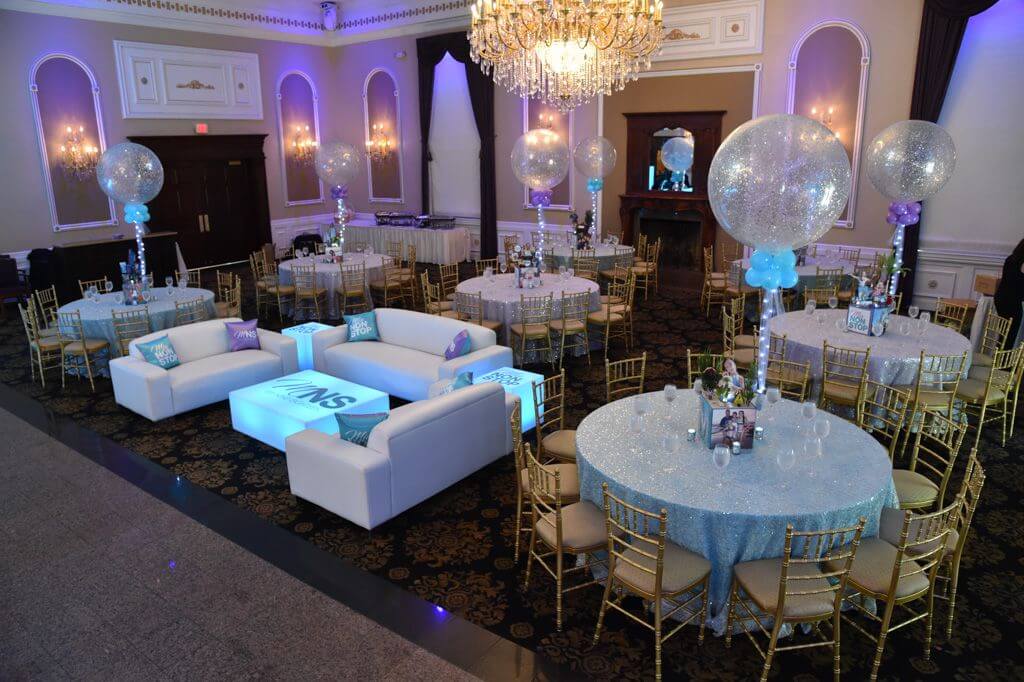 Bat Mitzvah Lounge with LED Tables, Logo Decals and Custom Pillows at Florentine Gardens