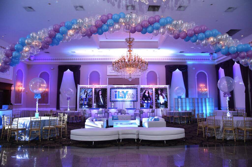 Lavender and Turquoise Bat Mitzvah Lounge with LED Furniture, Logo and Photo Backdrop and Sparkle Balloon Centerpieces at Florentine Gardens