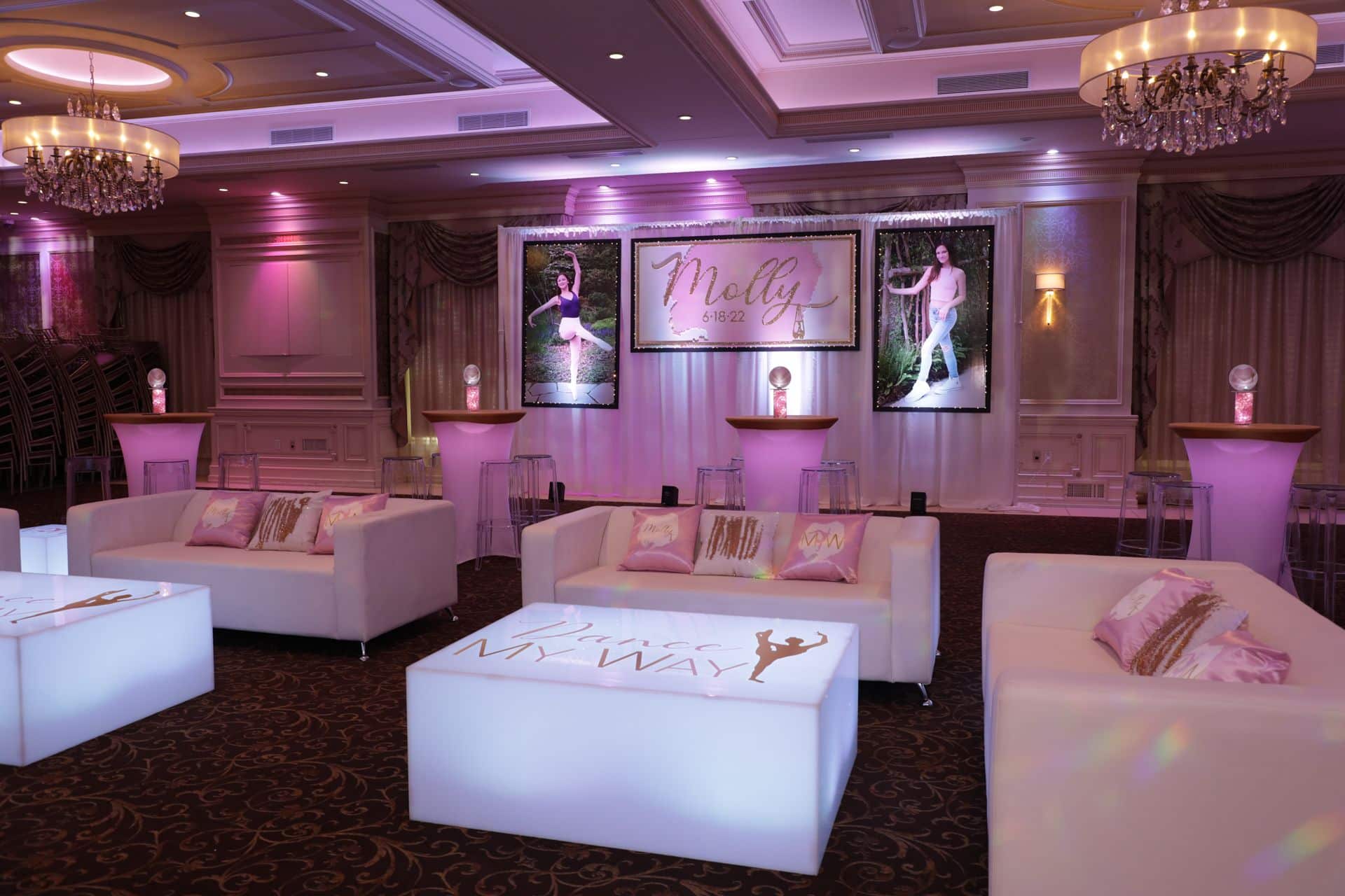 Custom Logo Lounge with Backdrop and Blowup Photos for Dance Themed Bat Mitzvah at The Terrace at Biagios