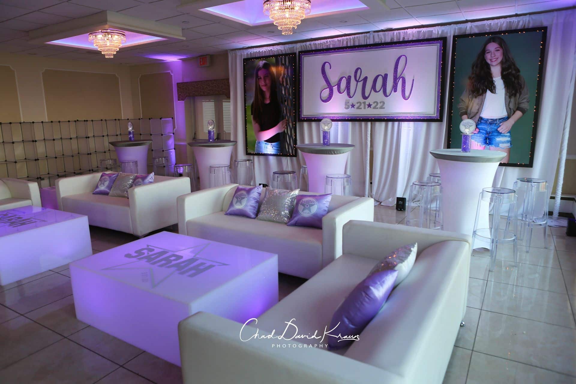 Lavender Bat Mitzvah Lounge with LED Logo Tables and Custom Pillows t Davenport Mansion