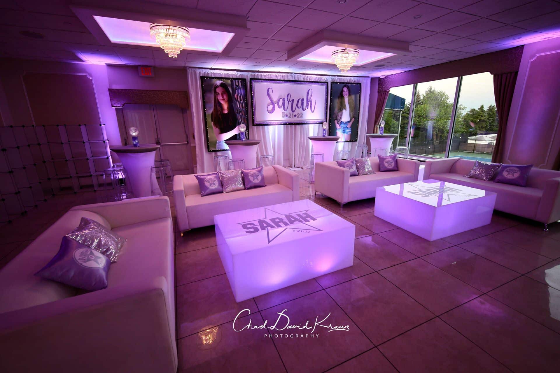 Lavender Bat Mitzvah Lounge with Custom Logo Backdrop and Blowup Photos at Davenport Mansion