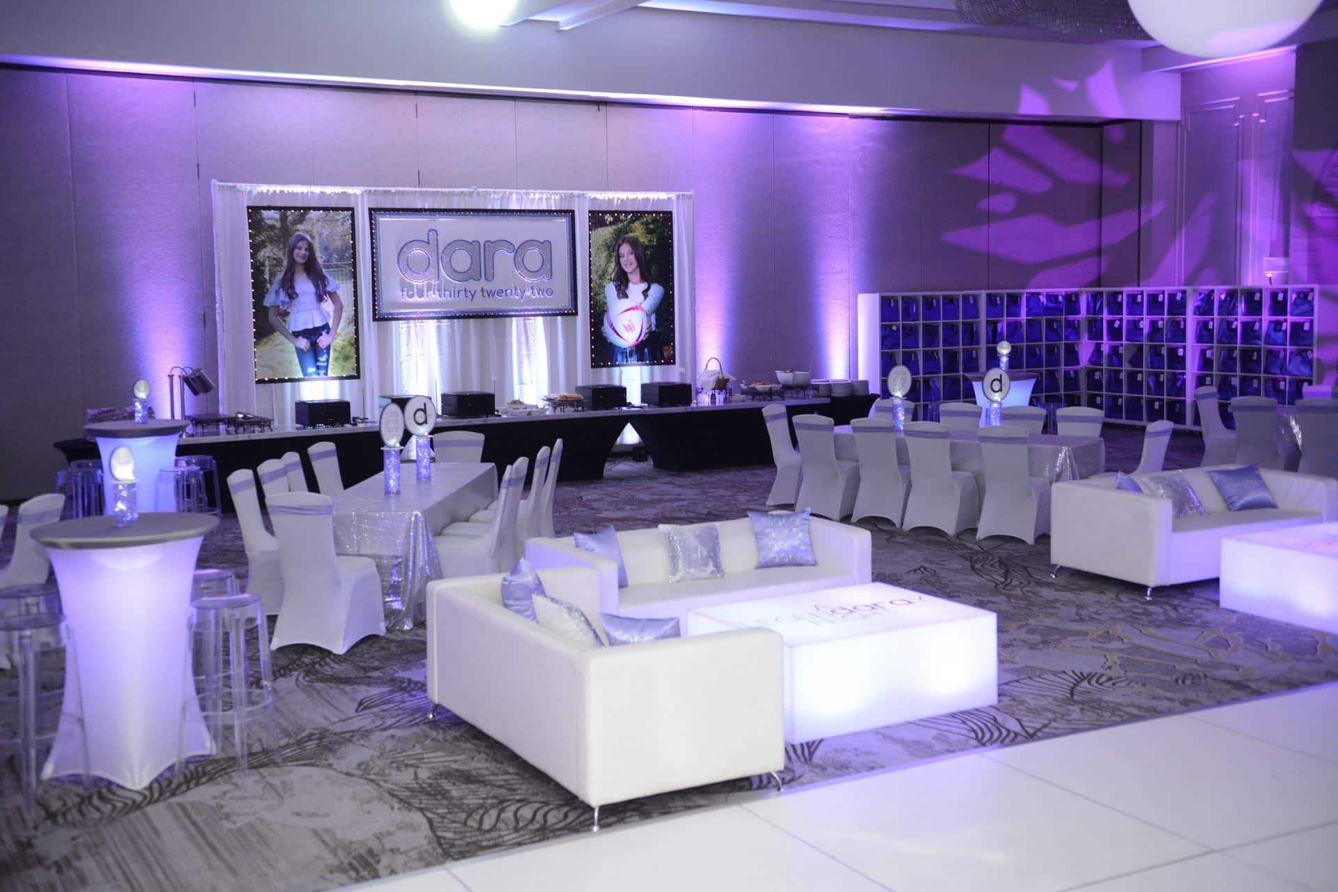 Lavender Lounge with Custom Backdrop and Blowup Photos for Bat Mitzvah at Park Ridge Marriott