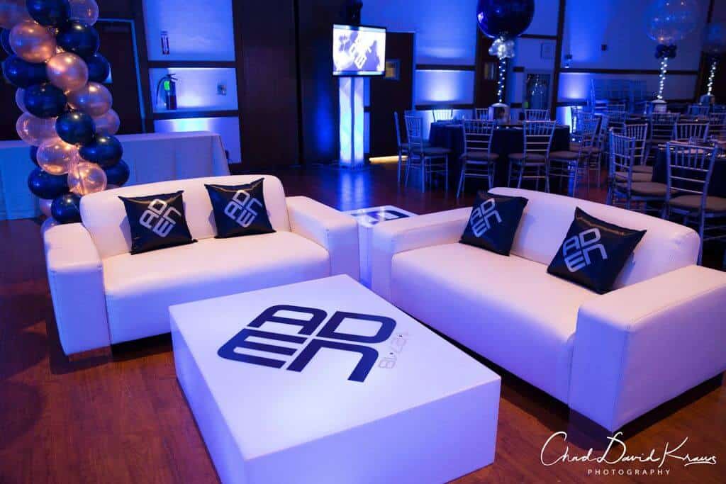 Bar Mitzvah Lounge with LED Tables and Custom Pillows