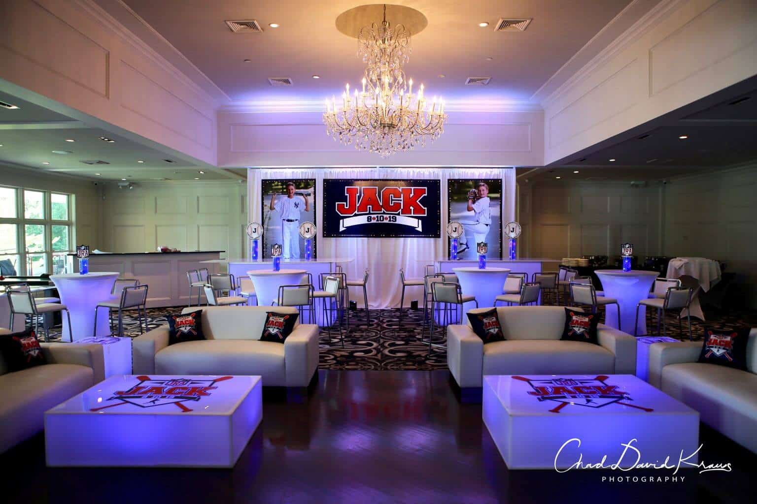 Baseball Themed Bar Mitzvah Lounge with Custom Logo and Photo Backdrop at Grand Oaks Country Club