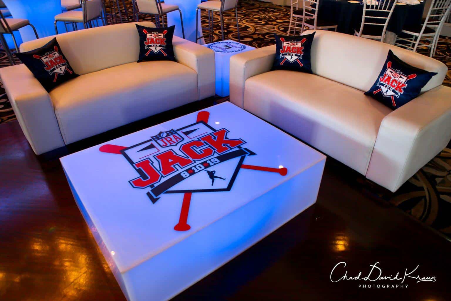 Baseball Themed Bar Mitzvah Lounge with Custom Logo Pillows and LED Tables