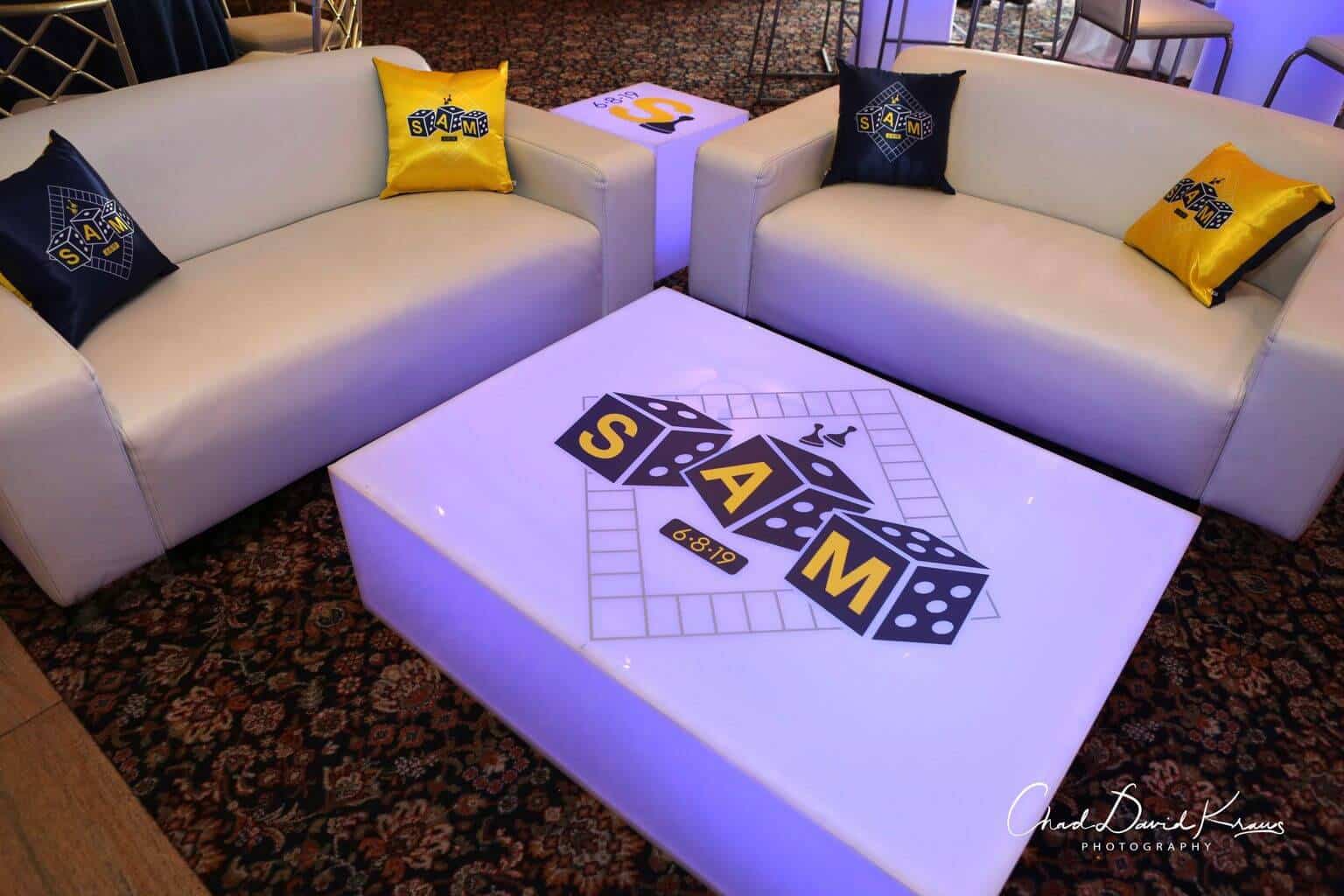 Game Themed Bar Mitzvah Lounge with Custom Logo LED Tables and Pillows