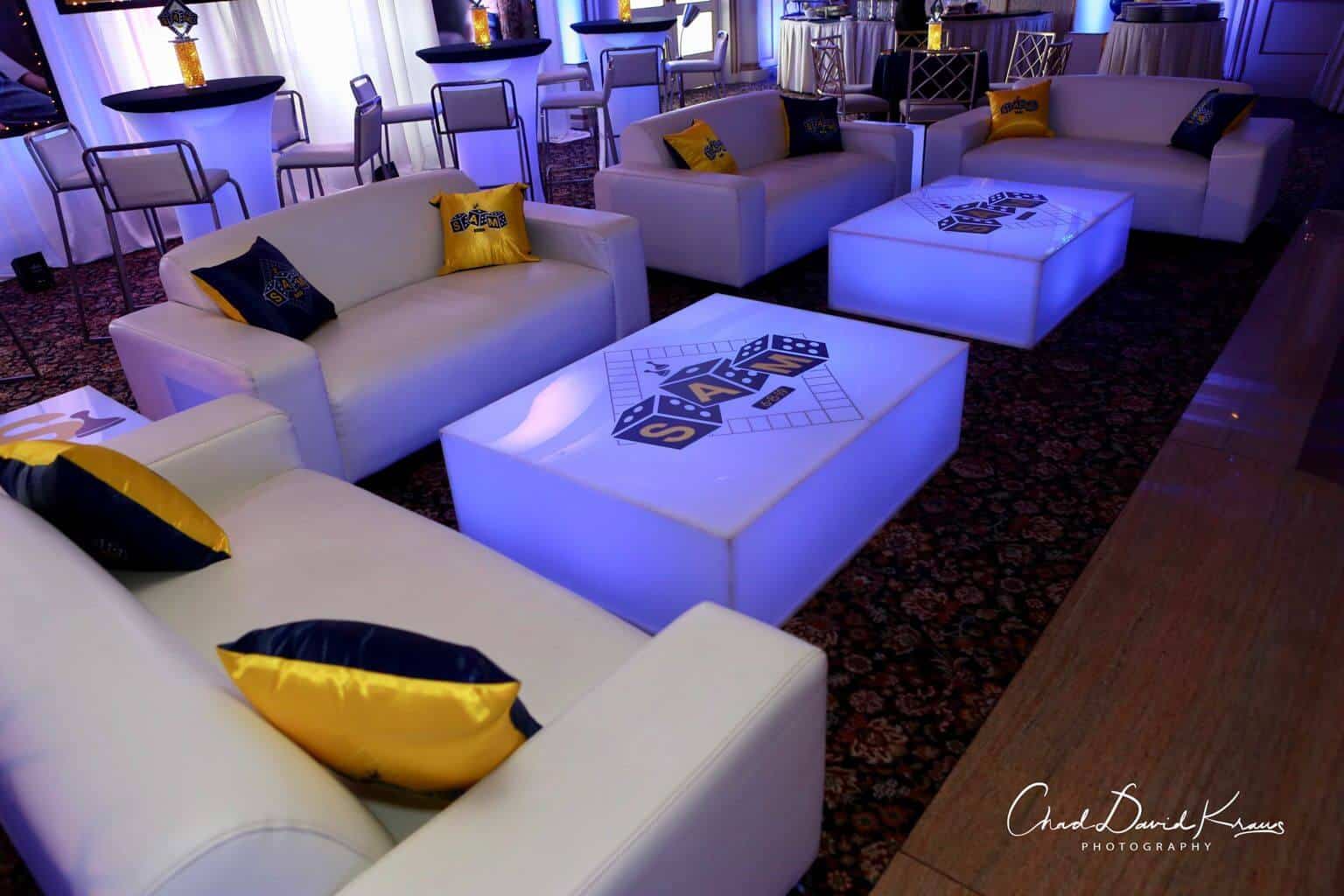 Game Themed Bar Mitzvah Lounge with Custom Logo LED Tables and Pillows at Glen Island Harbour Club