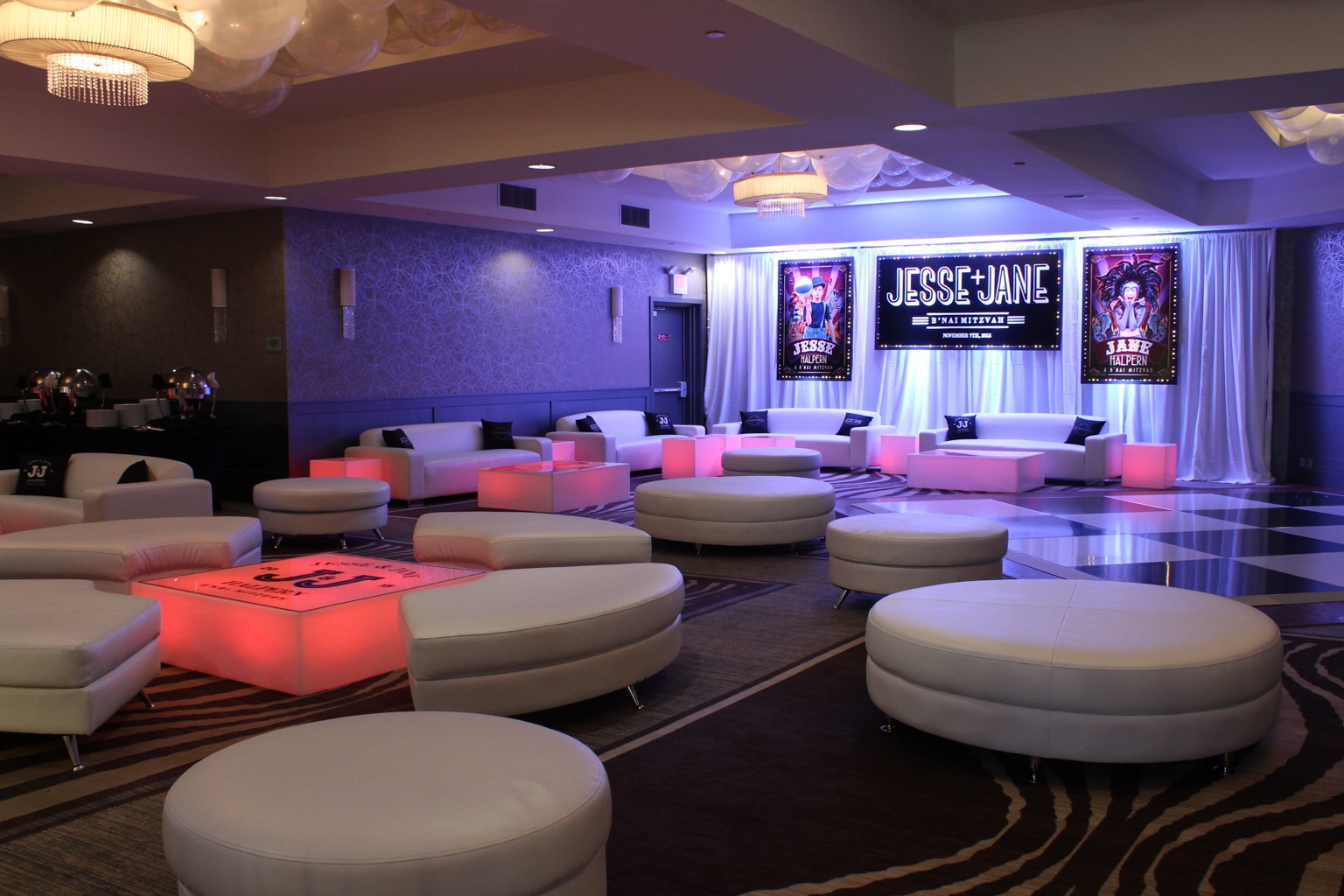 Bnai Mitzvah Lounge Decor with Custom Pillows, LED Furniture, Logo Decals and Custom Backdrop with Blowup Photos