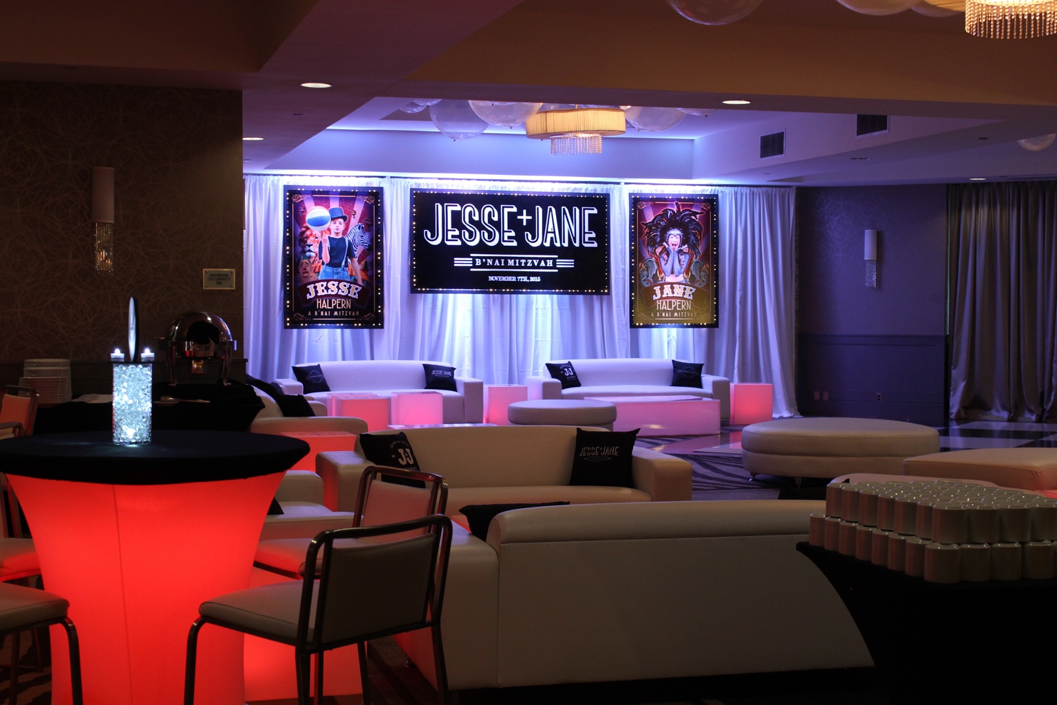 Bnai Mitzvah Lounge Decor with Custom Pillows, LED Furniture, Logo Decals and Custom Backdrop with Blowup Photos