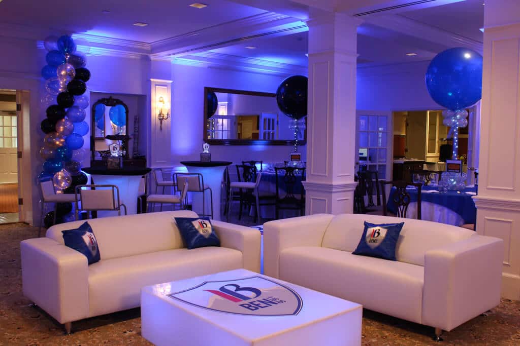 Ski Themed Bar Mitzvah Lounge with Custom Pillows, LED Tables with Logo Decal and Balloon Columns