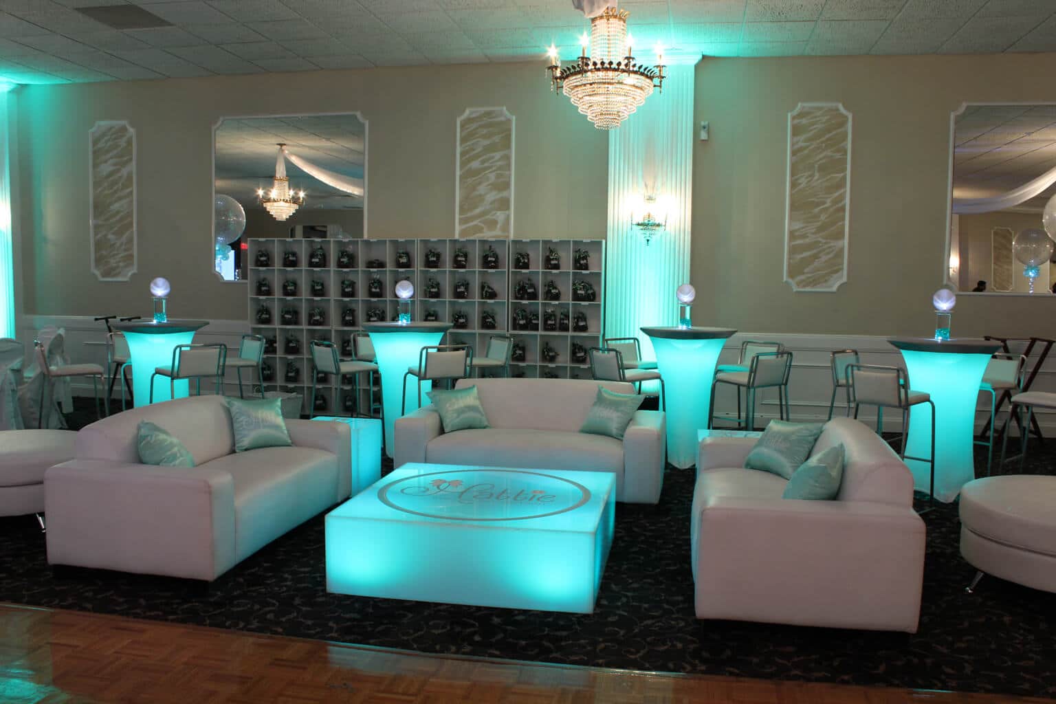 Custom Bat Mitzvah Lounge with LED Furniture, Hightops, Logo Pillows and Mini Centerpieces at the Gran Centurions