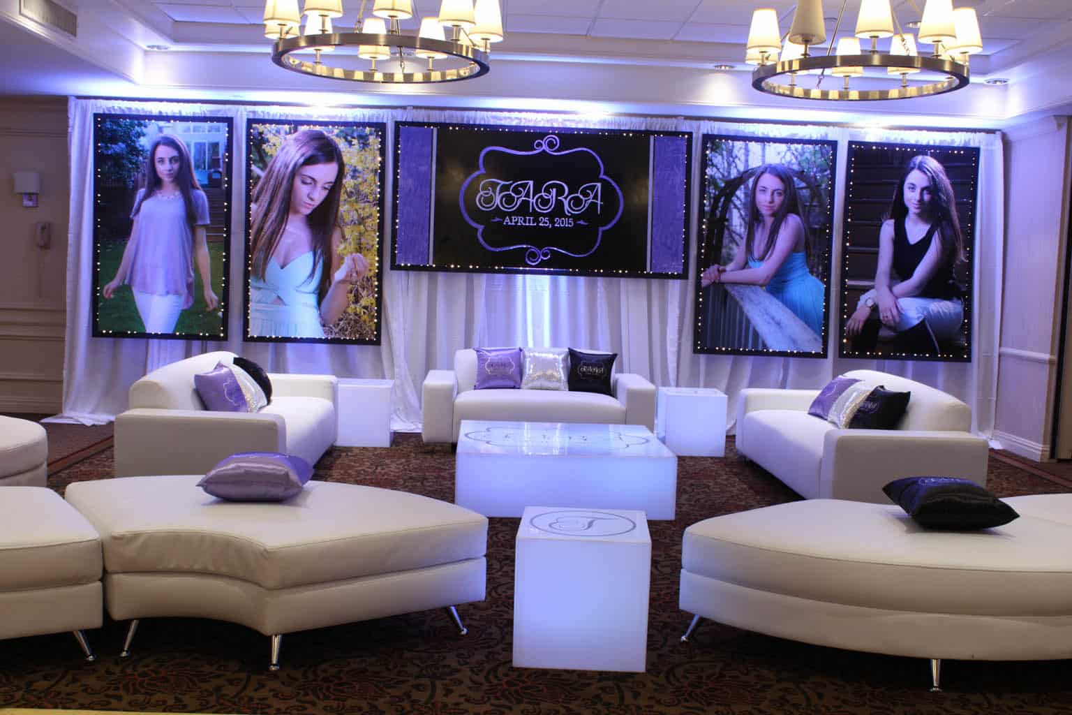 Custom Lounge with LED Curtain Backdrop, Blowup Photos, LED Furniture with Custom Decals and Logo Pillows for Sweet Sixteen at The Mahwah Sheraton