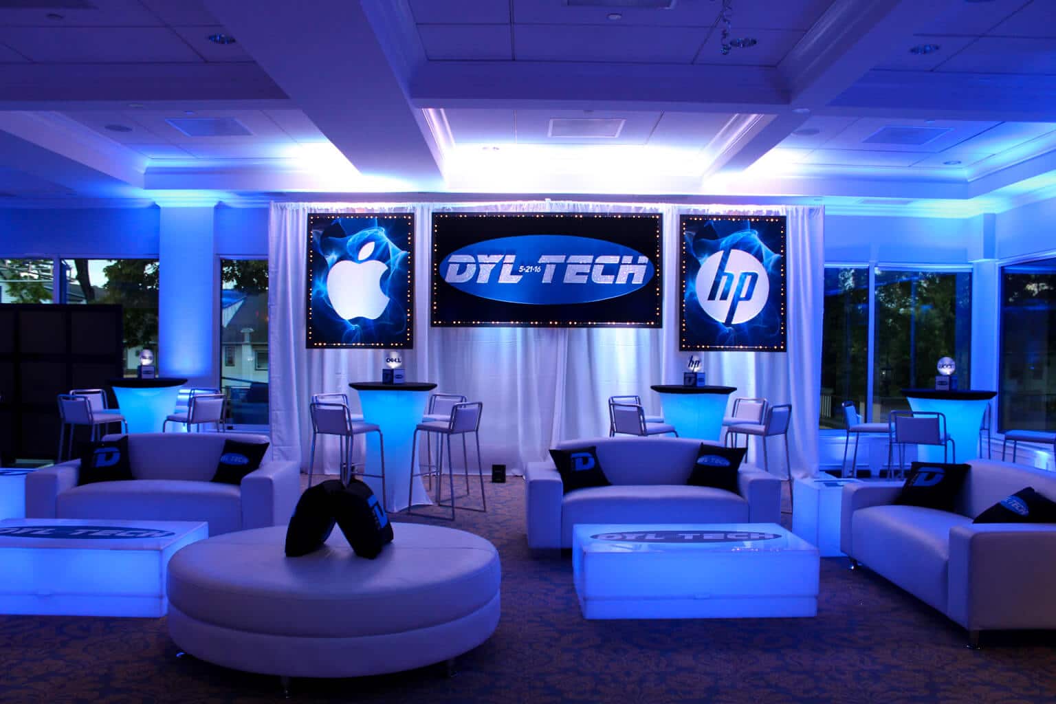 Technology Themed Bar Mitzvah Lounge with Custom Logo Backdrop, LED Furniture and Logo Pillows at Elmwood Country Club