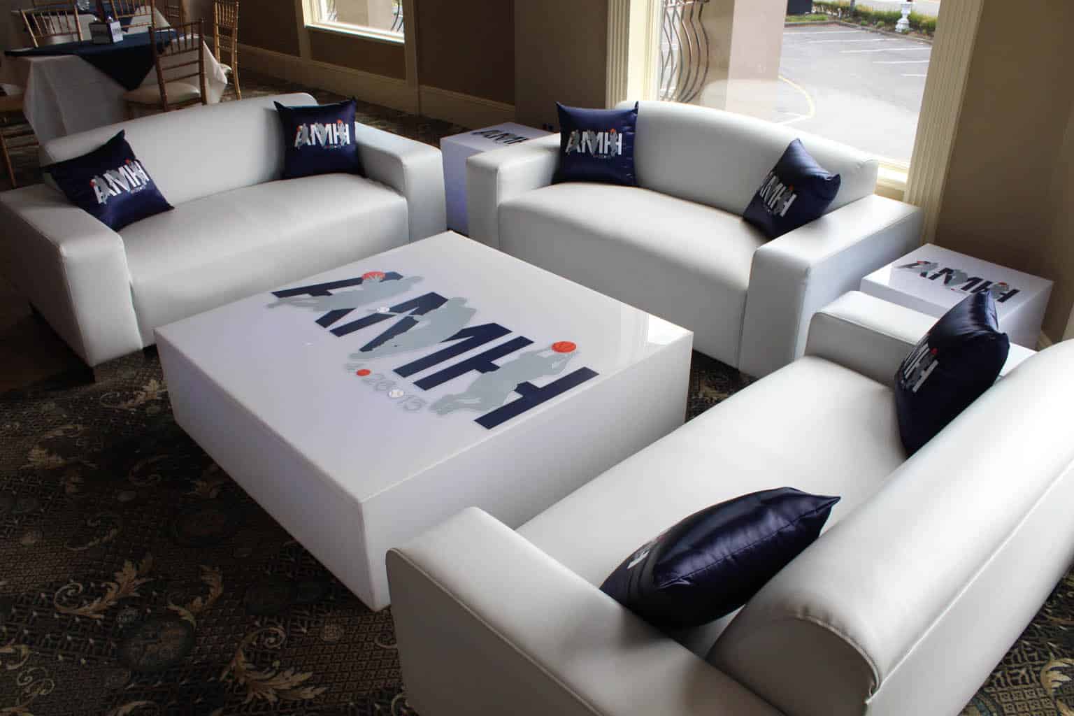 Sports Themed Bar Mitzvah Lounge with Custom Logo Pillows and Vinyl Decals on Furniture at Portobello