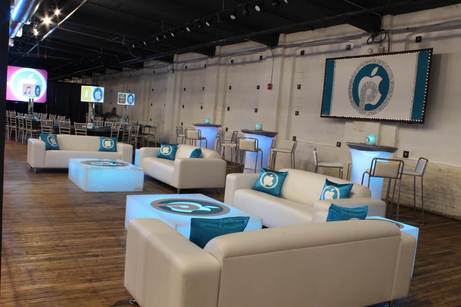 App Themed Bat Mitzvah Lounge with Custom Backdrop, LED Tables with Decals and Logo Pillows at Factory 220