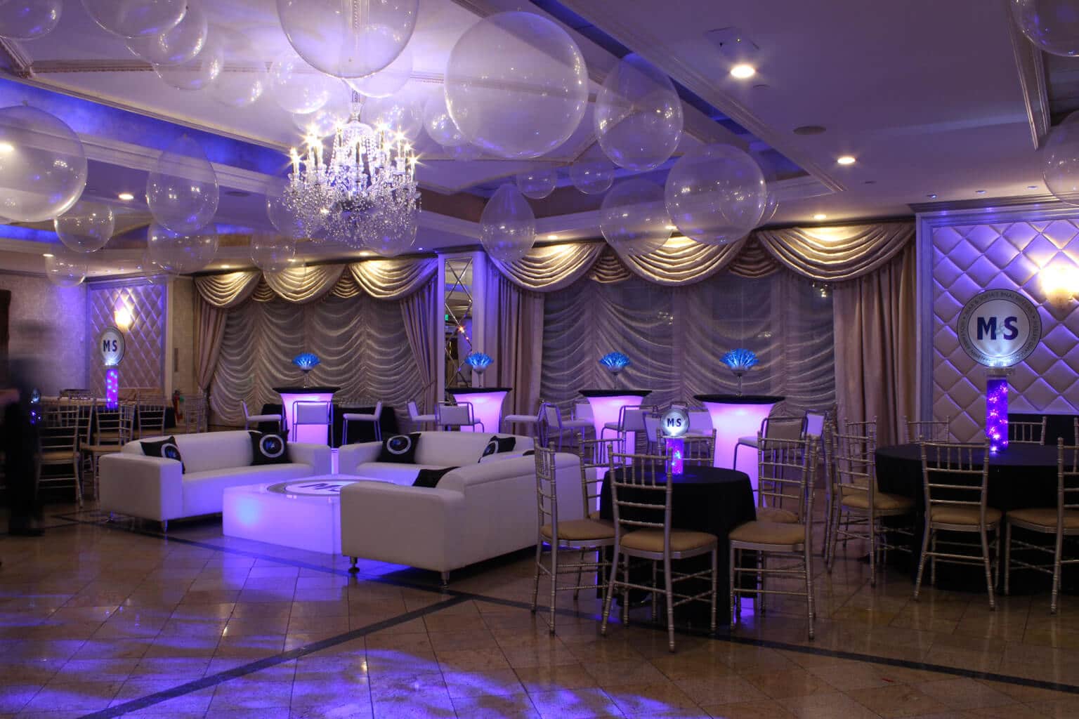 Custom B'nai Mitzvah Lounge with LED Furniture, Rock Candy Centerpieces and Custom Logo Pillows at Seasons Catering