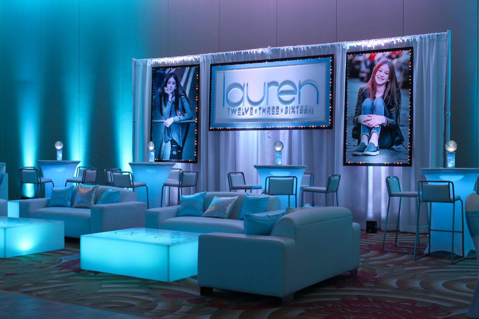 Bat Mitzvah Lounge Setup with LED Furniture, Custom Decals, Logo Pillows and Logo and Photo Backdrop at Doubletree Tarrytown