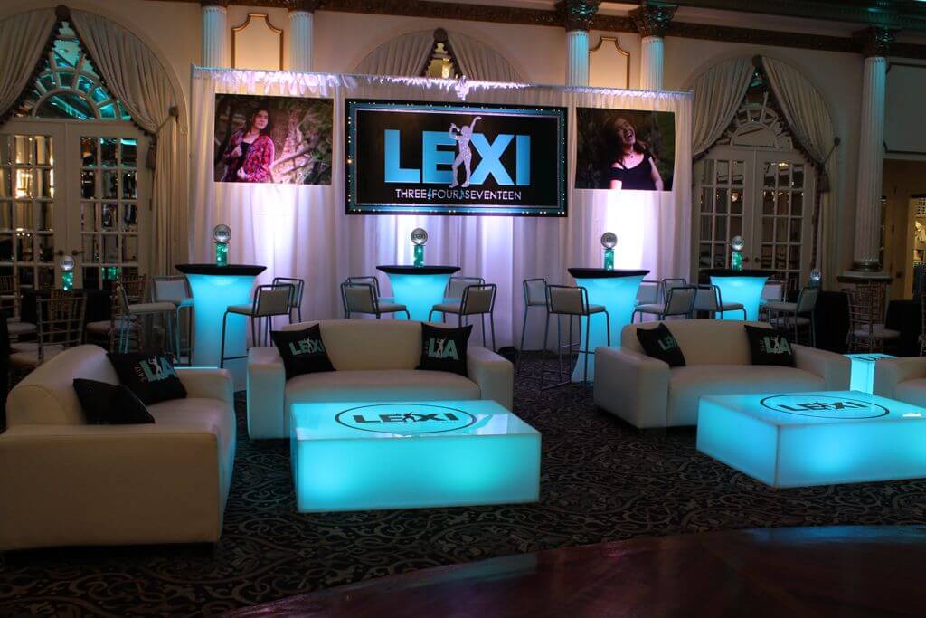 Music Themed Bat Mitzvah Lounge with LED Furniture, Decals, Logo Pillows and Custom Backdrop at Crystal Plaza