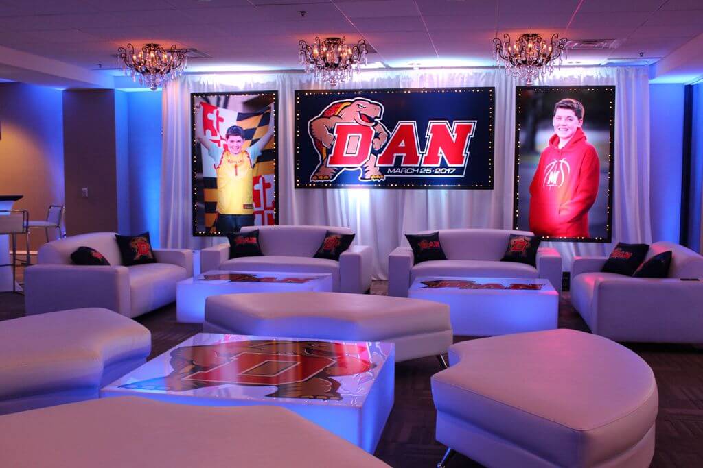 Maryland Themed Bar Mitzvah Lounge with Custom Logo and Photo Backdrop, LED Furniture and Logo Pillows and Decals at the Westin Governor Morris Inn