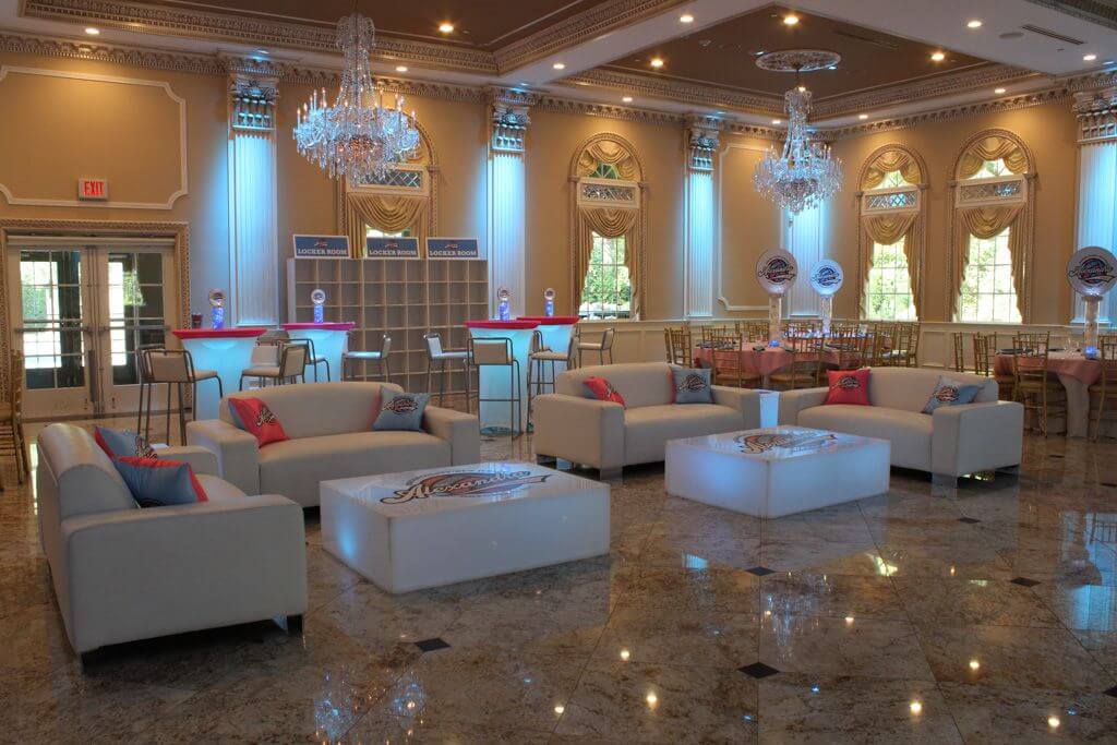 Softball Themed Bat Mitzvah Lounge Setup at Old Tappan Manor