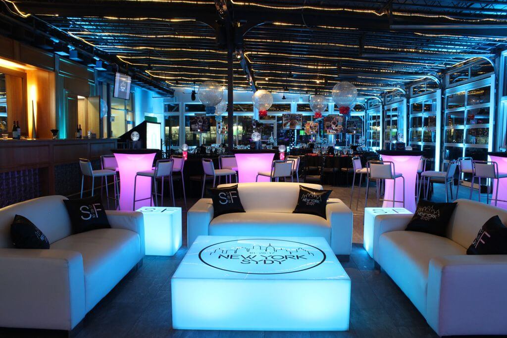 NYC Themed Bat Mitzvah Lounge with Custom LED Furniture and Decals at Sunset Terrace, Chelsea Piers