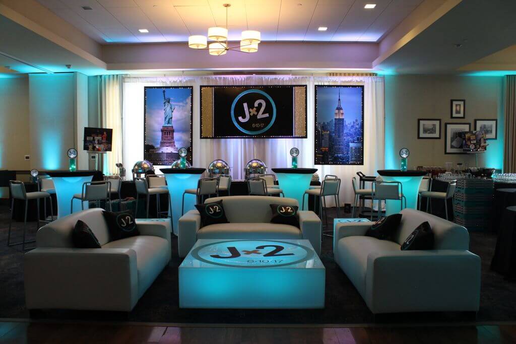 Custom B'nai Mitzvah Lounge with Logo Backdrop, NYC Blowups, LED Furniture and Logo Pillows at Columbia Faculty House