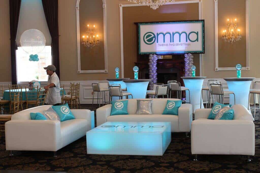 Bat Mitzvah LED Lounge with Custom Logo Backdrop at Florentine Gardens, NJ