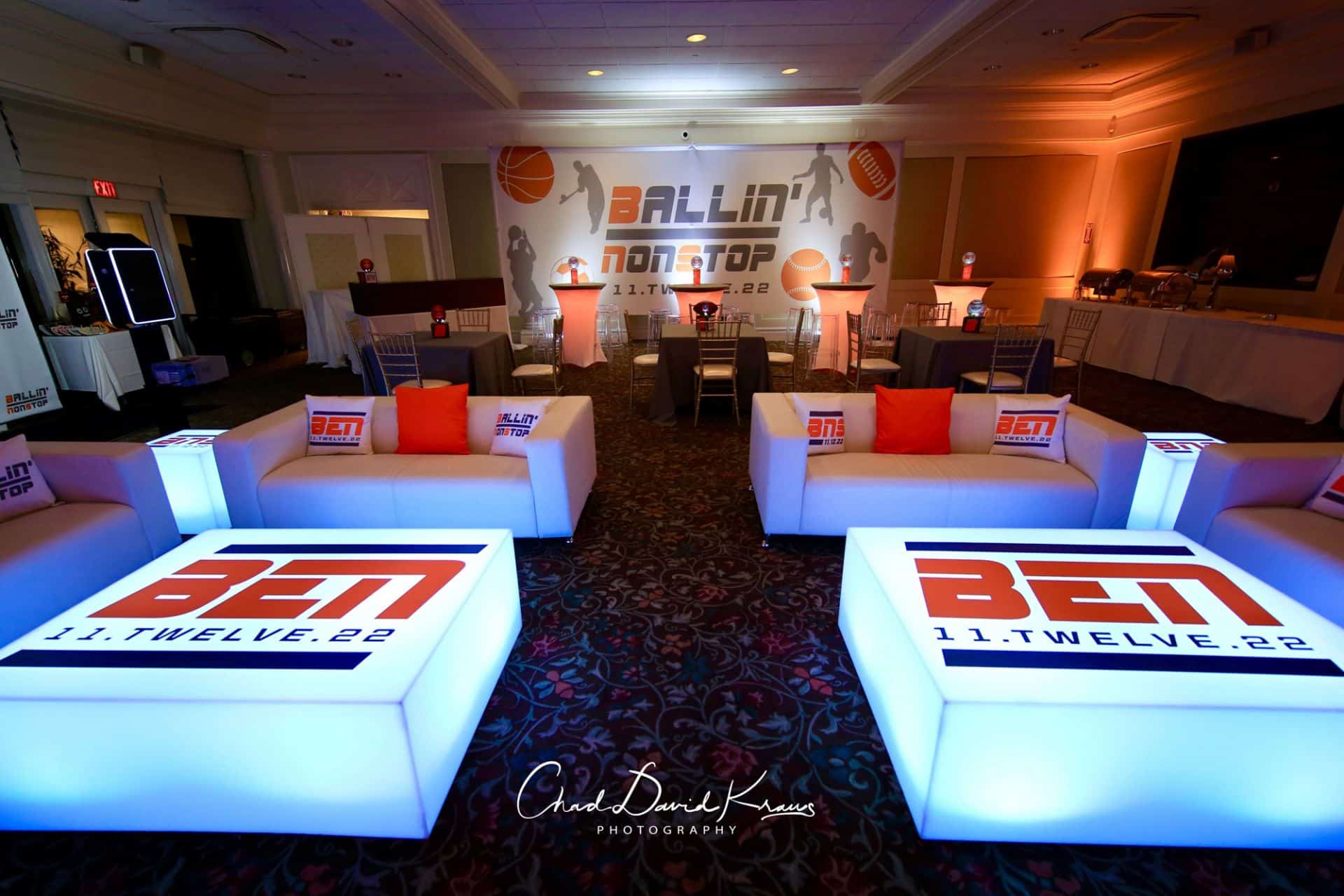 ESPN Themed Bar Mitzvah Lounge with Custom Logo Mural and LED Coffee Tables with Logo Decal at Hampshire Country Club
