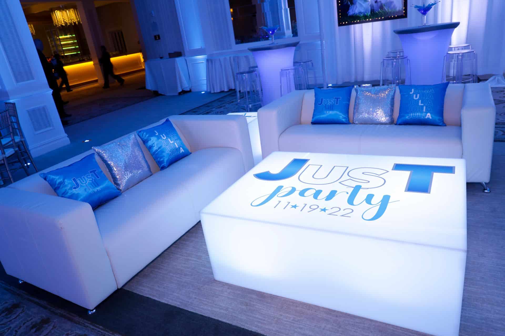 Bat Mitzvah Lounge with LED Logo Tables and Custom Pillows