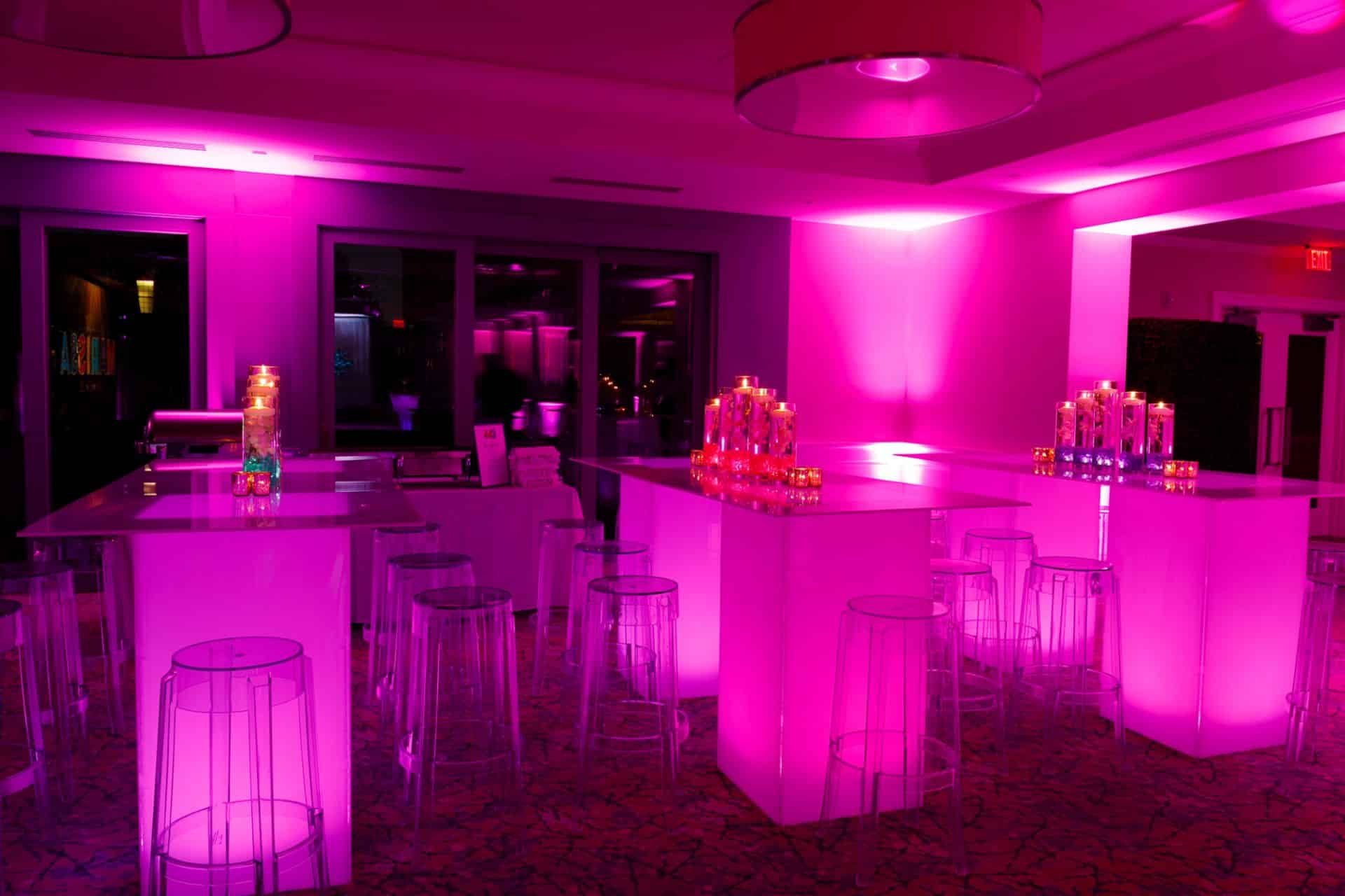 LED Airport Tables with Ghost Stools and Orchid Centerpieces at Fairview Country Club