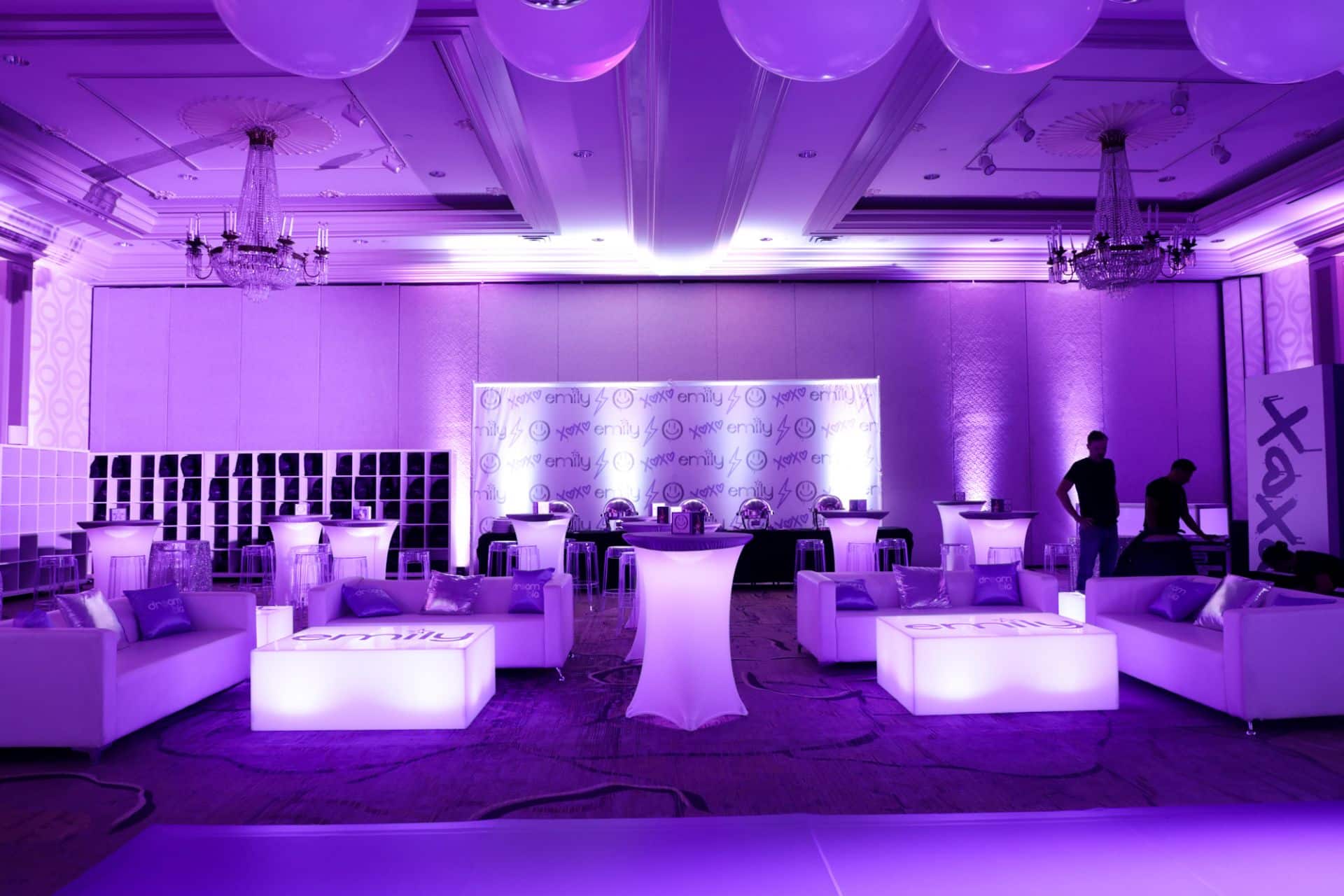 Lavender Bat Mitzvah Lounge Setup with Custom Logo Mural and LED Furniture at Hilton, Woodcliff Lake