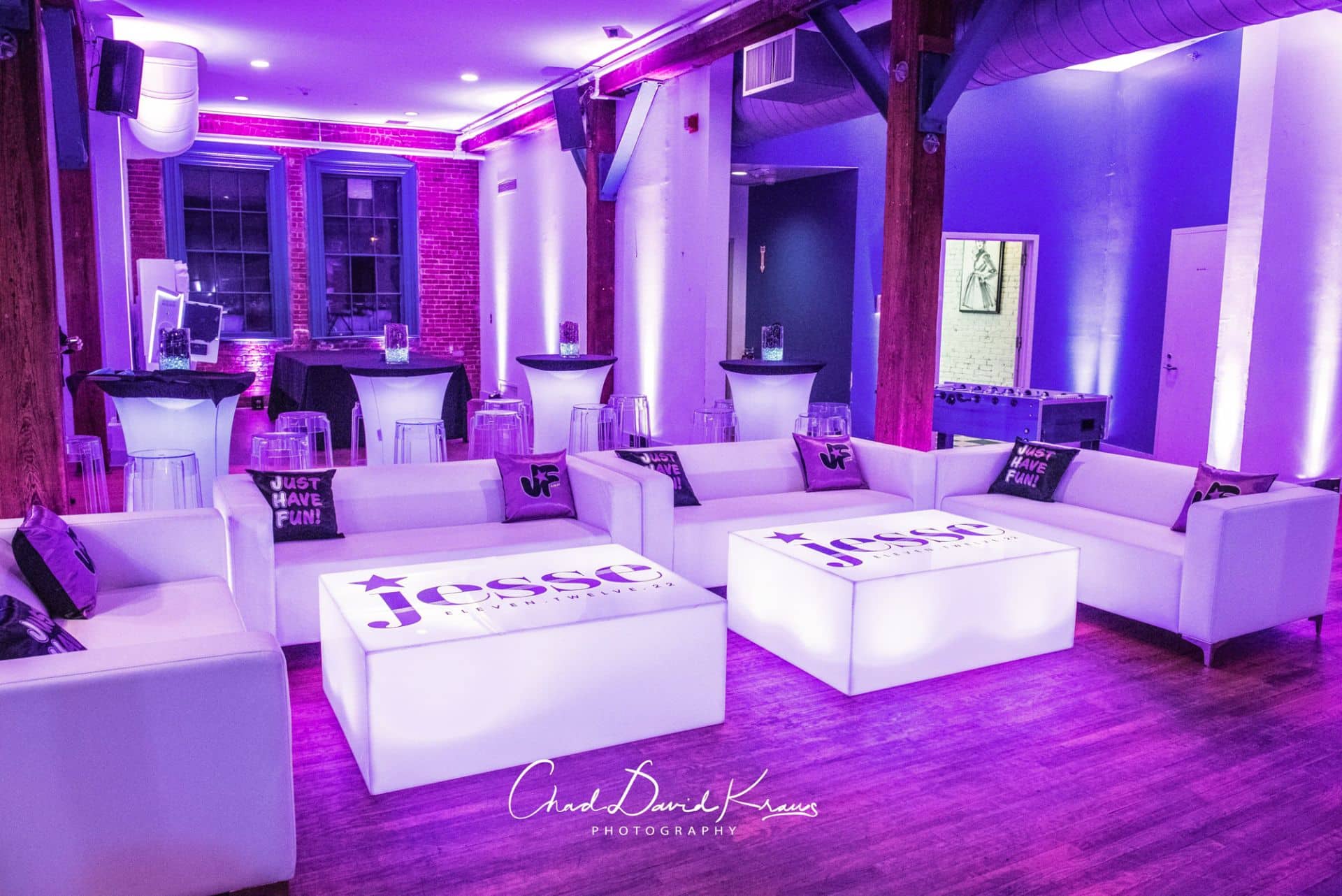 LED Purple Lounge with Custom Logo Tables and Pillows at Arch Street, Greenwich