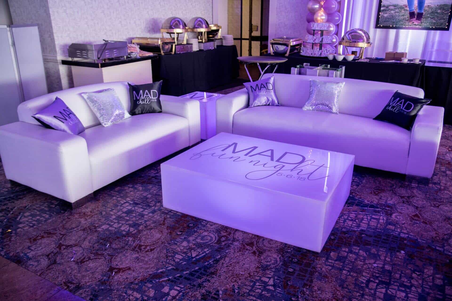 Bat Mitzvah Lounge Setup with Custom LED Tables and Logo Pillows at Marina Del Ray