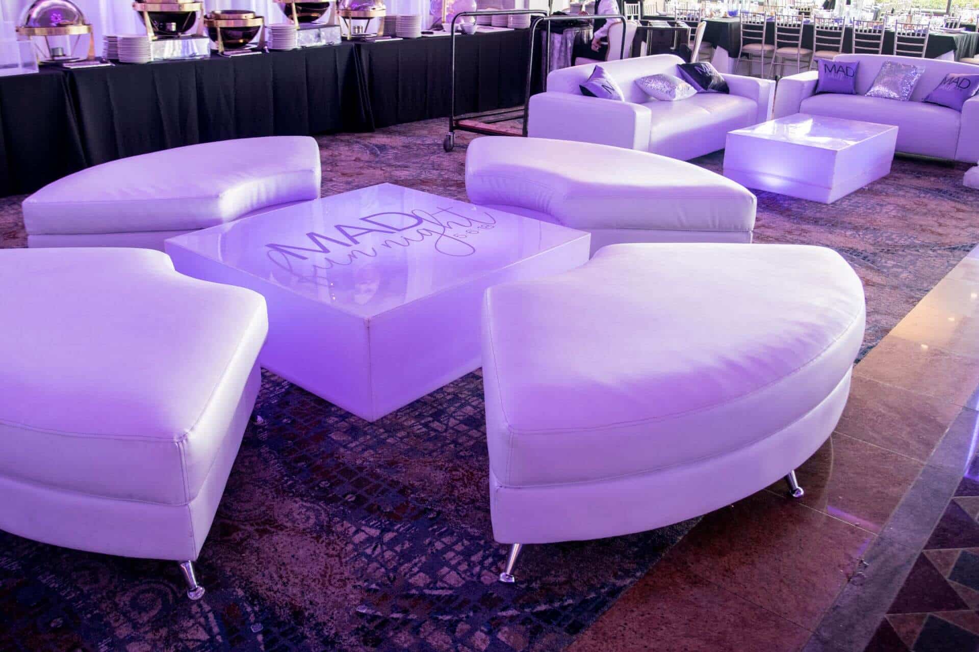Bat Mitzvah Lounge Setup with Custom LED Tables and Logo Pillows at Marina Del Ray