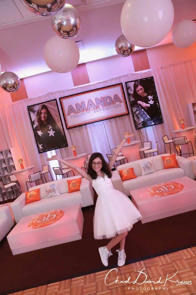 Club Themed Bat Mitzvah Lounge with LED Furniture and Logo Decals at Temple Bet Torah, Mt. Kisco