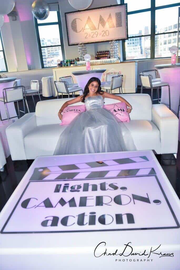 Bat Mitzvah Lounge Setup with Custom LED Tables, Logo Pillows and Glittered Name Backdrop at Tribeca 360, NYC