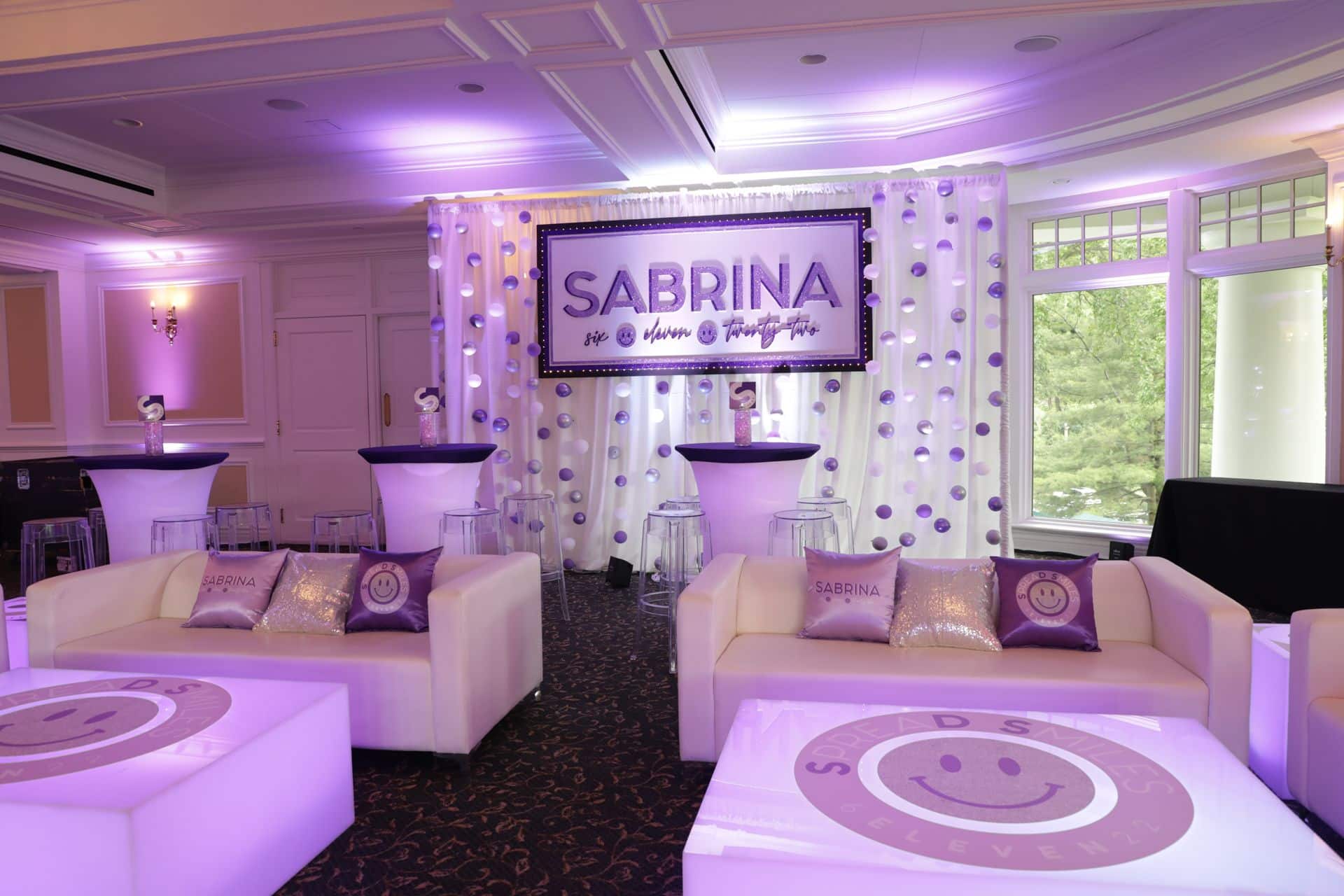 Bat Mitzvah Lounge with Custom Backdrop and Balloon Bubble Wall at Scarsdale Golf Club