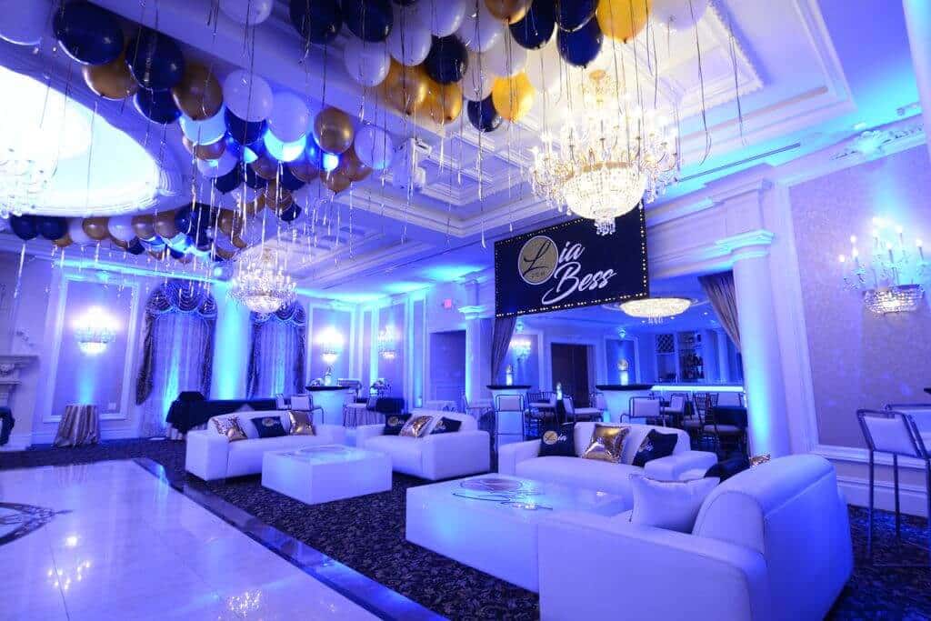 Club Themed Bat Mitzvah Lounge with LED Furniture and Logo Decals at The Primavera Regency