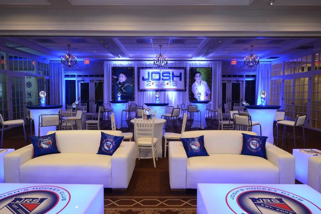 Rangers Themed Lounge with Led Furniture and Custom Logo Decals at Preakness Hills Country Club