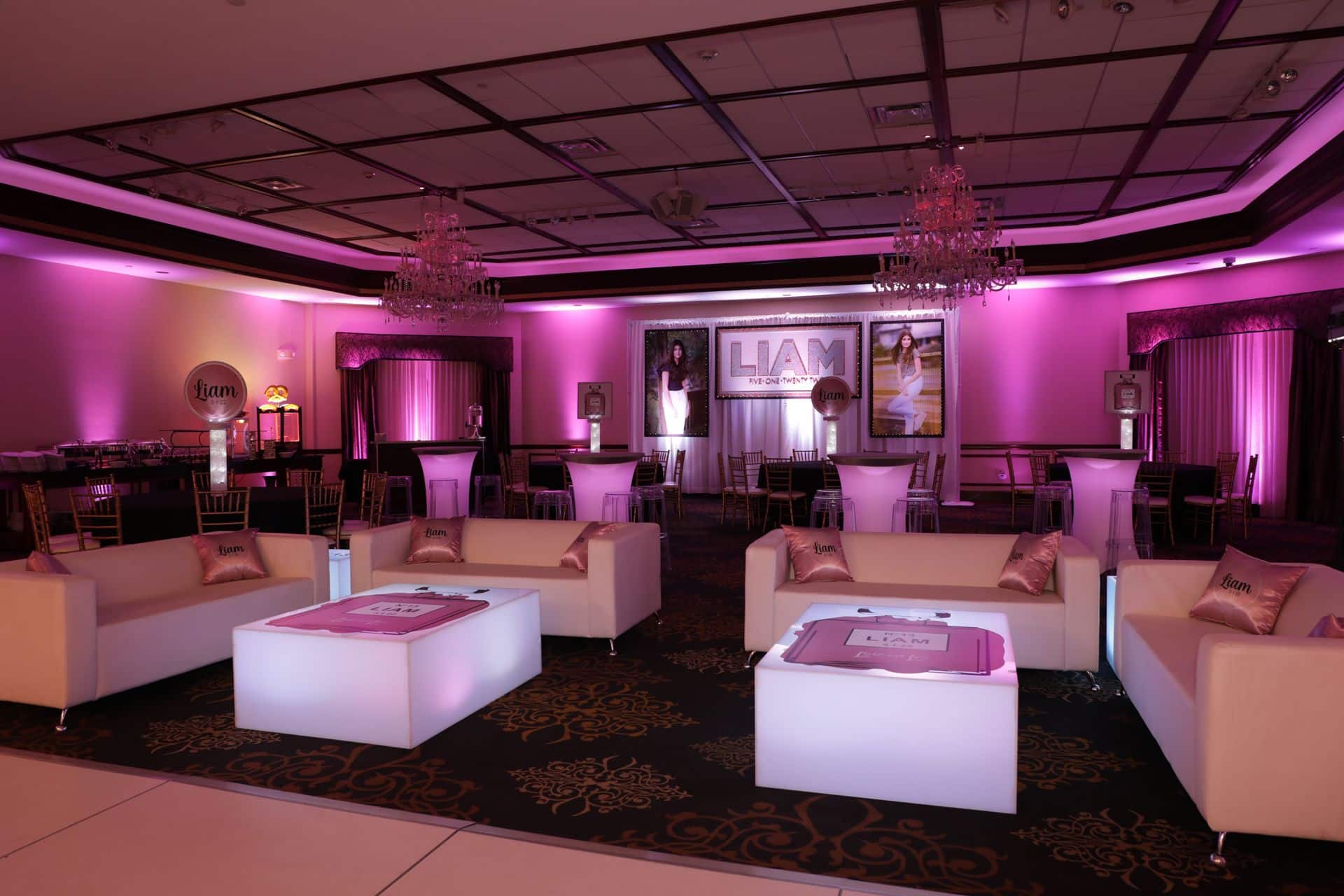 Fashion Themed Bat Mitzvah Lounge with Logo and Photo Backdrop at Temple Emanuel Closter