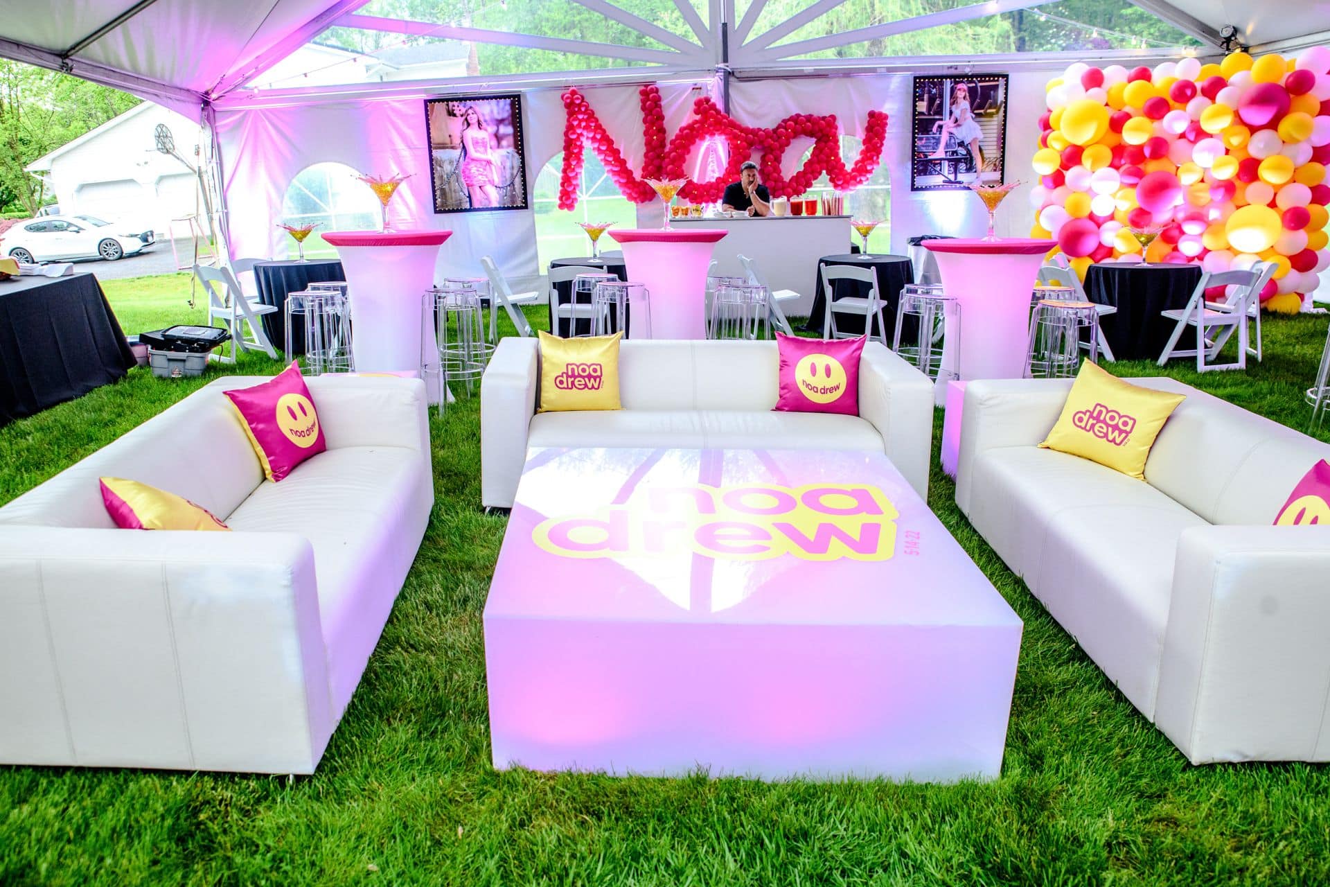 Custom Logo Lounge with Name in Balloons and Blowup Photos for Tent Bat Mitzvah