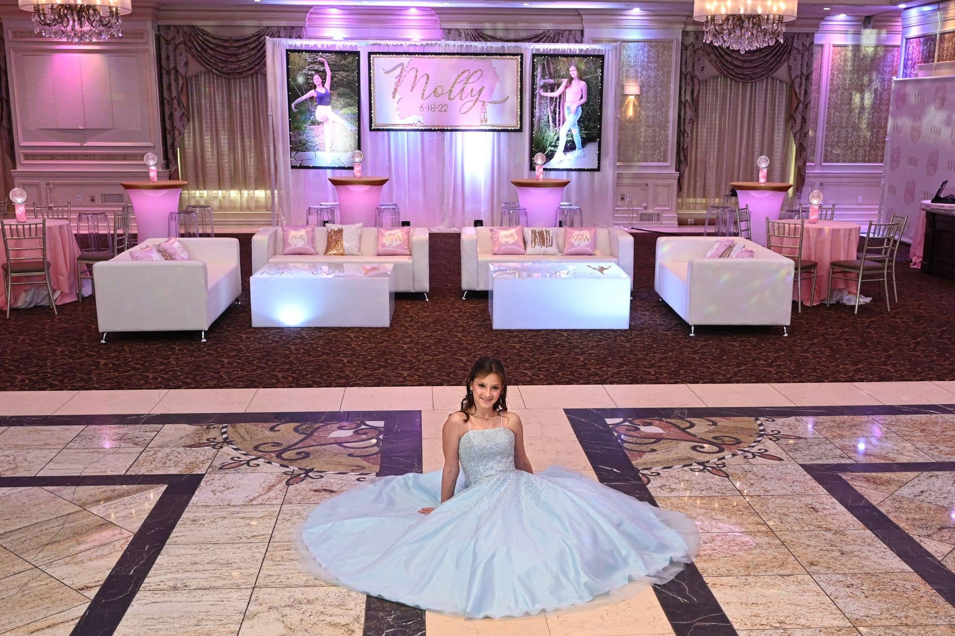 Custom Logo Lounge with Backdrop and Blowup Photos for Dance Themed Bat Mitzvah at The Terrace, Paramus