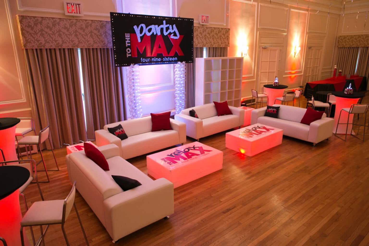 Custom Bar Mitzvah Lounge with LED Furniture, Logo Decals and Backdrop with Lights at CV Rich Mansion