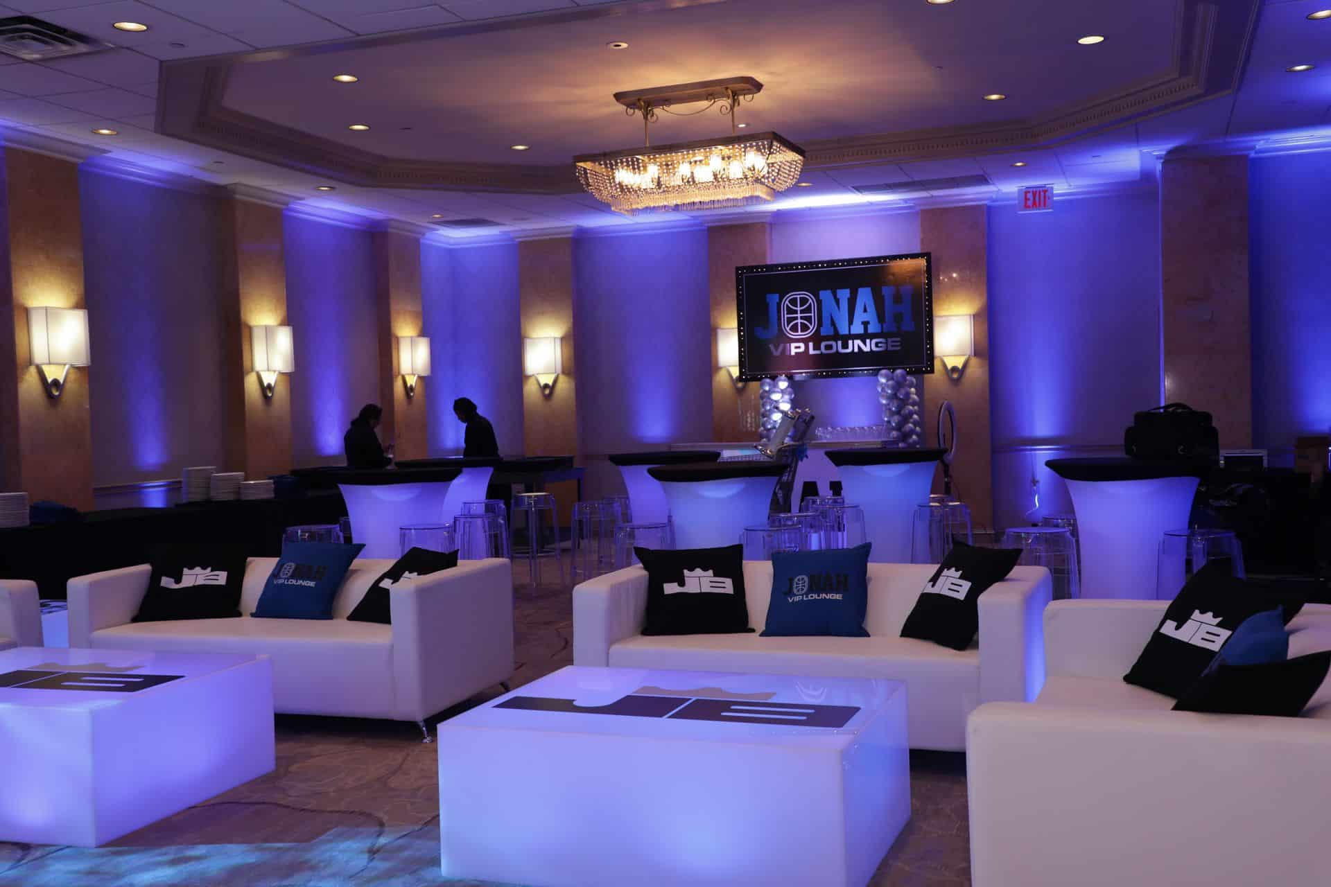 Custom Bar Mitzvah Lounge with LED Logo Furniture and Custom Sign at The Hilton, Woodcliff Lake
