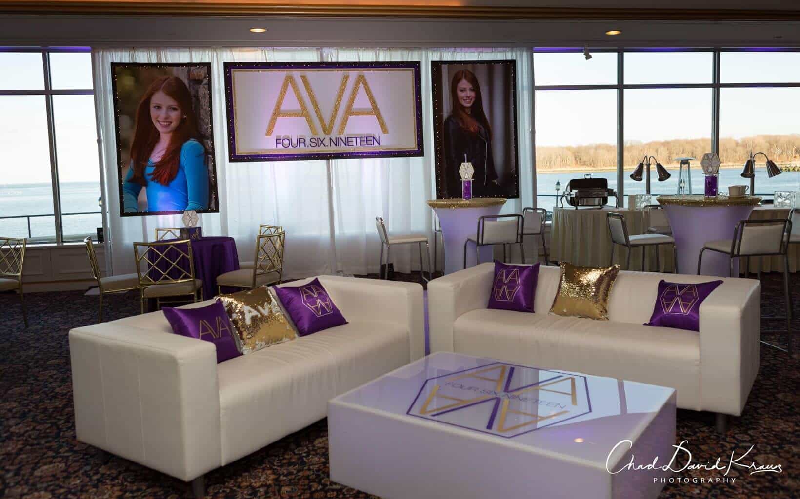Custom Purple and Gold Bat Mitzvah Lounge with Logo Sign and Blowup Photos at Glen Island Harbour Club