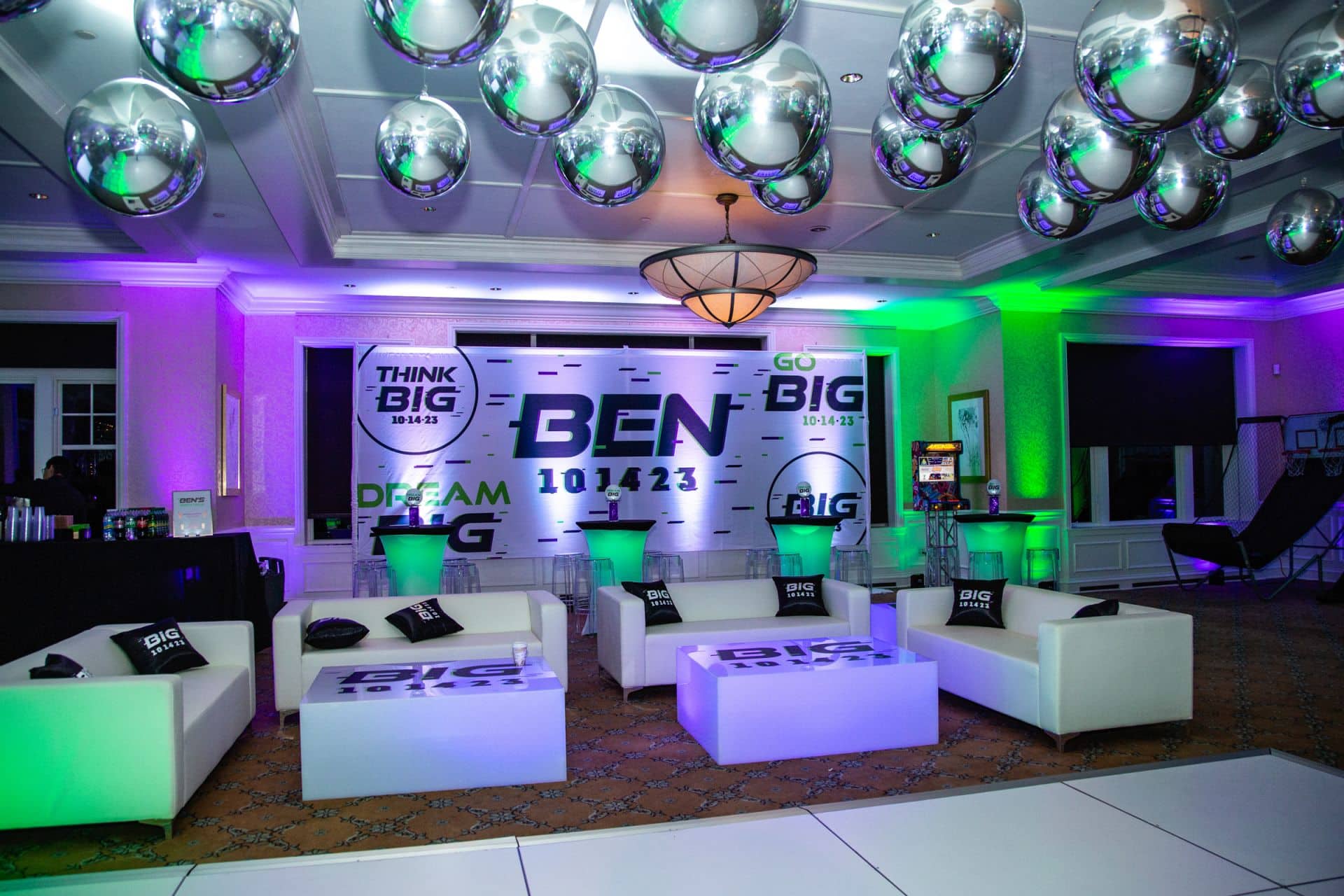 Neon Themed Bar Mitzvah Lounge with Custom LED Logo Mural, Logo Tables and LED Highboys at Tamarack Country Club